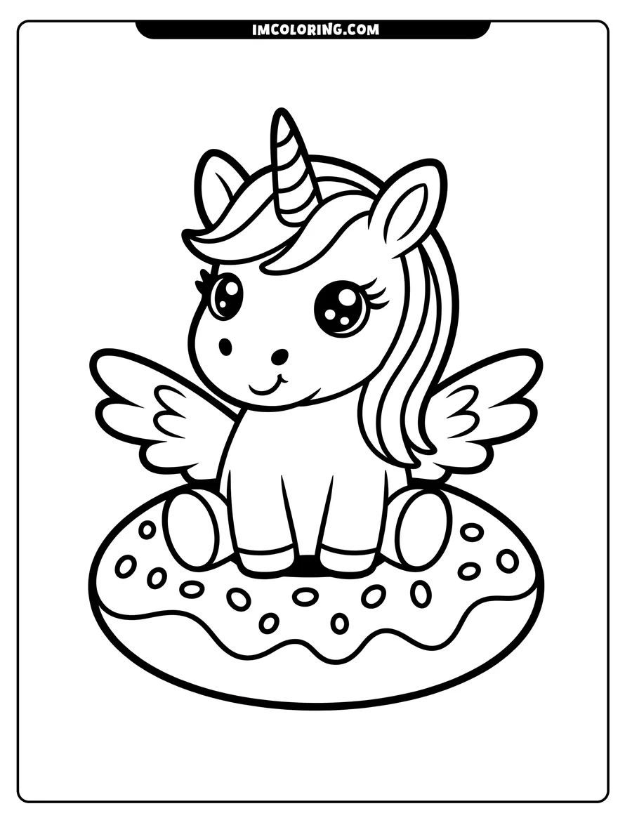 Outline of a small, winged unicorn sitting on a donut. The donut has icing and sprinkles.