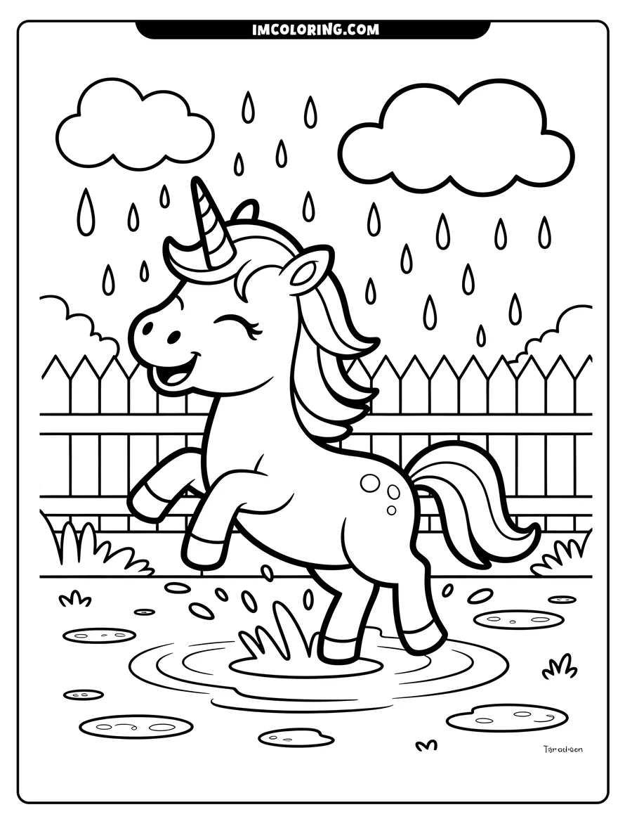 Outline of a unicorn playing in rain puddles near a fence. Two clouds rain down on the scene.