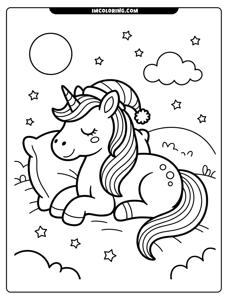 Outline of a unicorn sleeping on a pillow under a starry night sky with a crescent moon