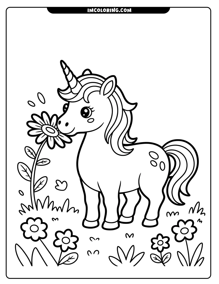 Outline of a cartoon unicorn smelling a flower in a field of smaller flowers and grass.