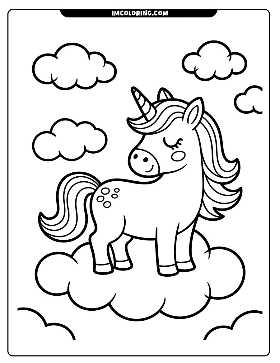 Line art of a unicorn with a striped horn, flowing mane, and spots on its hindquarters, standing on a large cloud with other smaller clouds in the background.