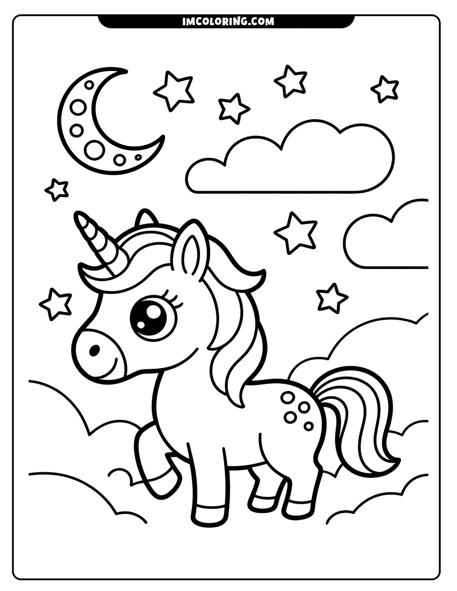 Outline of a unicorn standing beneath a crescent moon and stars, surrounded by clouds
