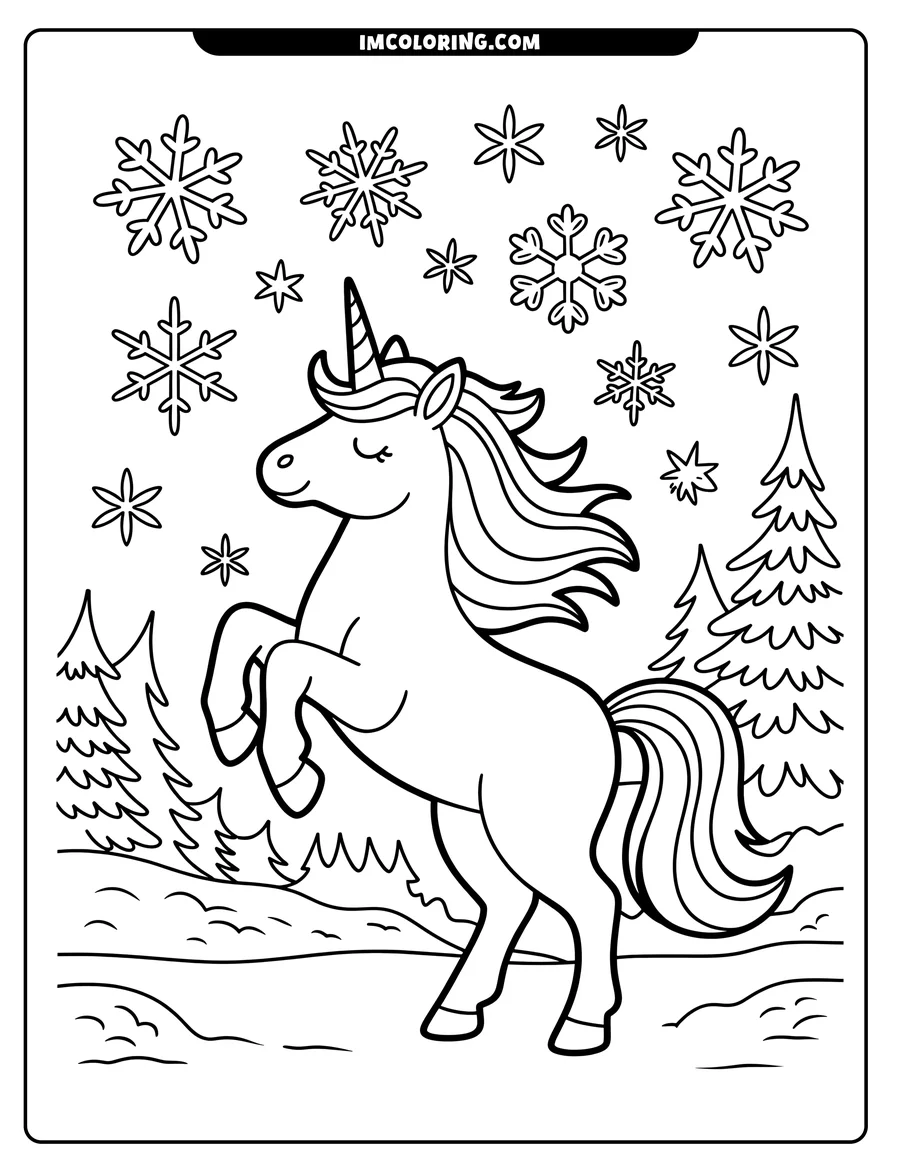 Outline of a unicorn prancing in a winter wonderland, with snowflakes falling and evergreen trees in the background.