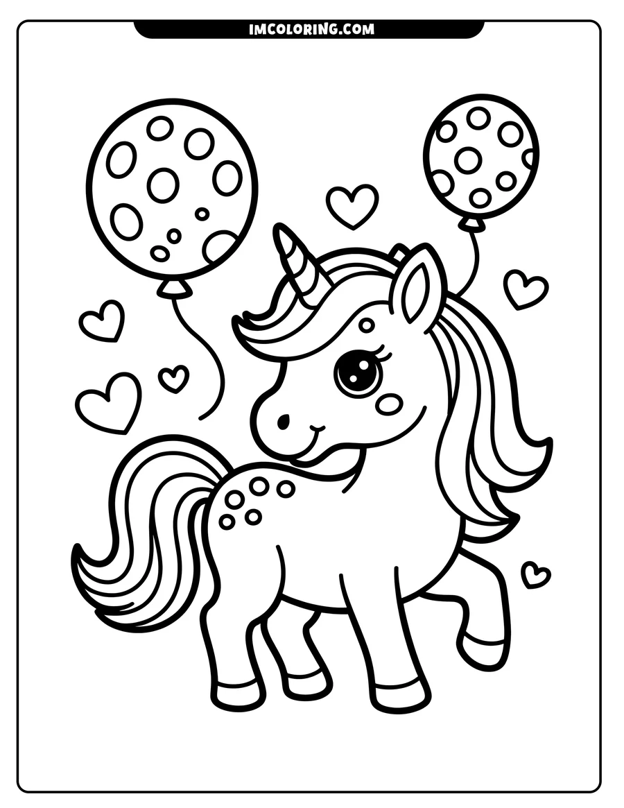 Outline of a unicorn with two balloons, hearts, a striped horn, and spots on its hindquarters