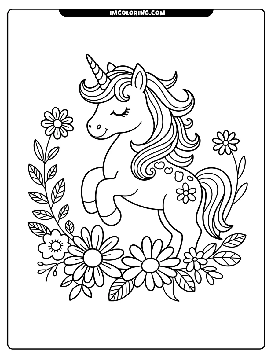 Outline of a unicorn surrounded by flowers. The unicorn has a striped horn, flowing mane, and spots shaped like flowers.