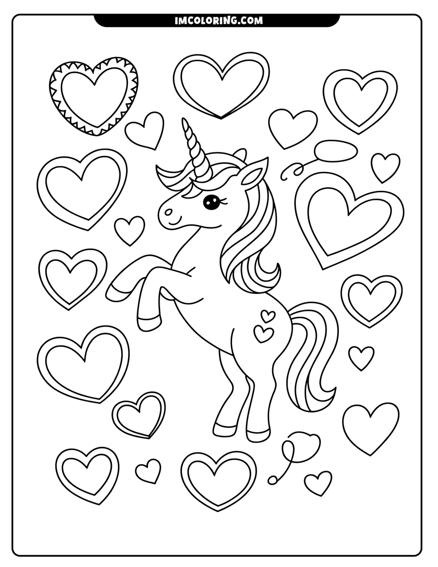 Outline of a cartoon unicorn rearing up, surrounded by hearts of different sizes and styles