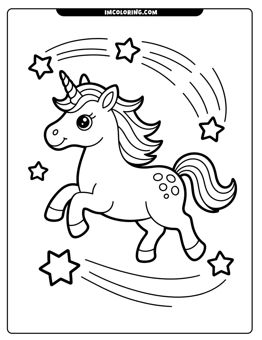 Outline of a cartoon unicorn prancing playfully surrounded by stars.
