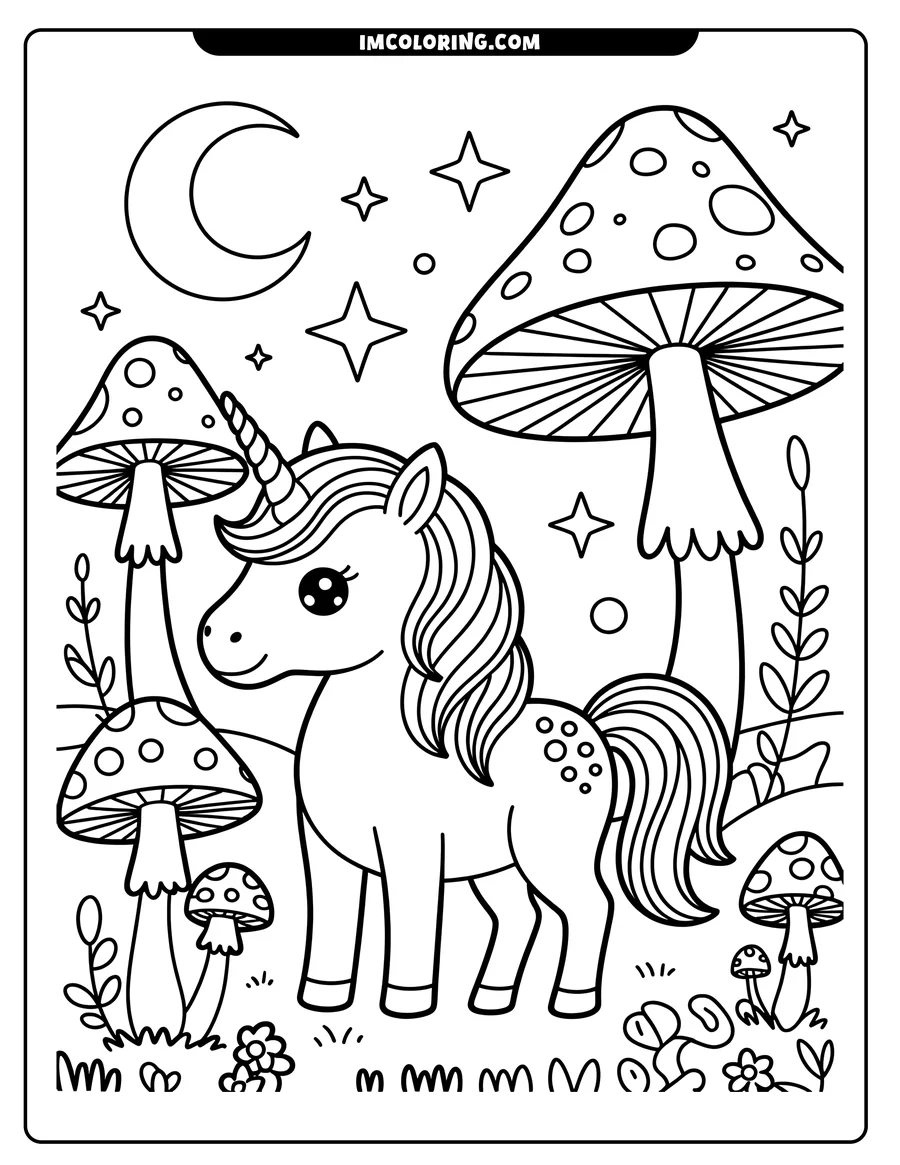 Outline of a cartoon unicorn standing among large, spotted toadstools under a crescent moon and stars.