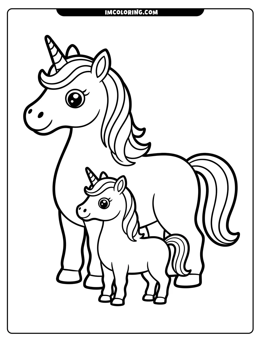Line art of a mother unicorn and her foal standing together.