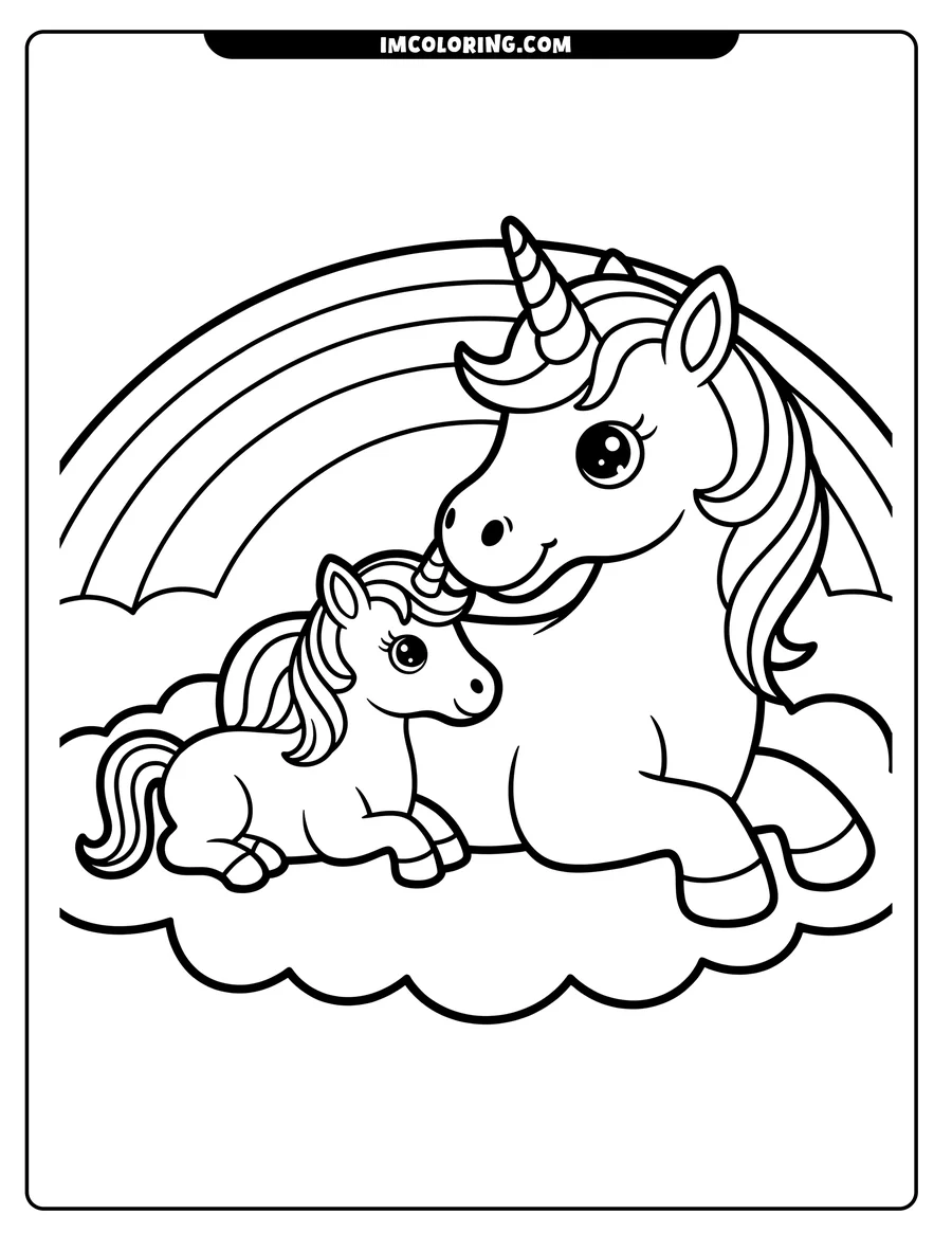Outline of two unicorns, one large and one small, sitting on a cloud with a rainbow overhead.
