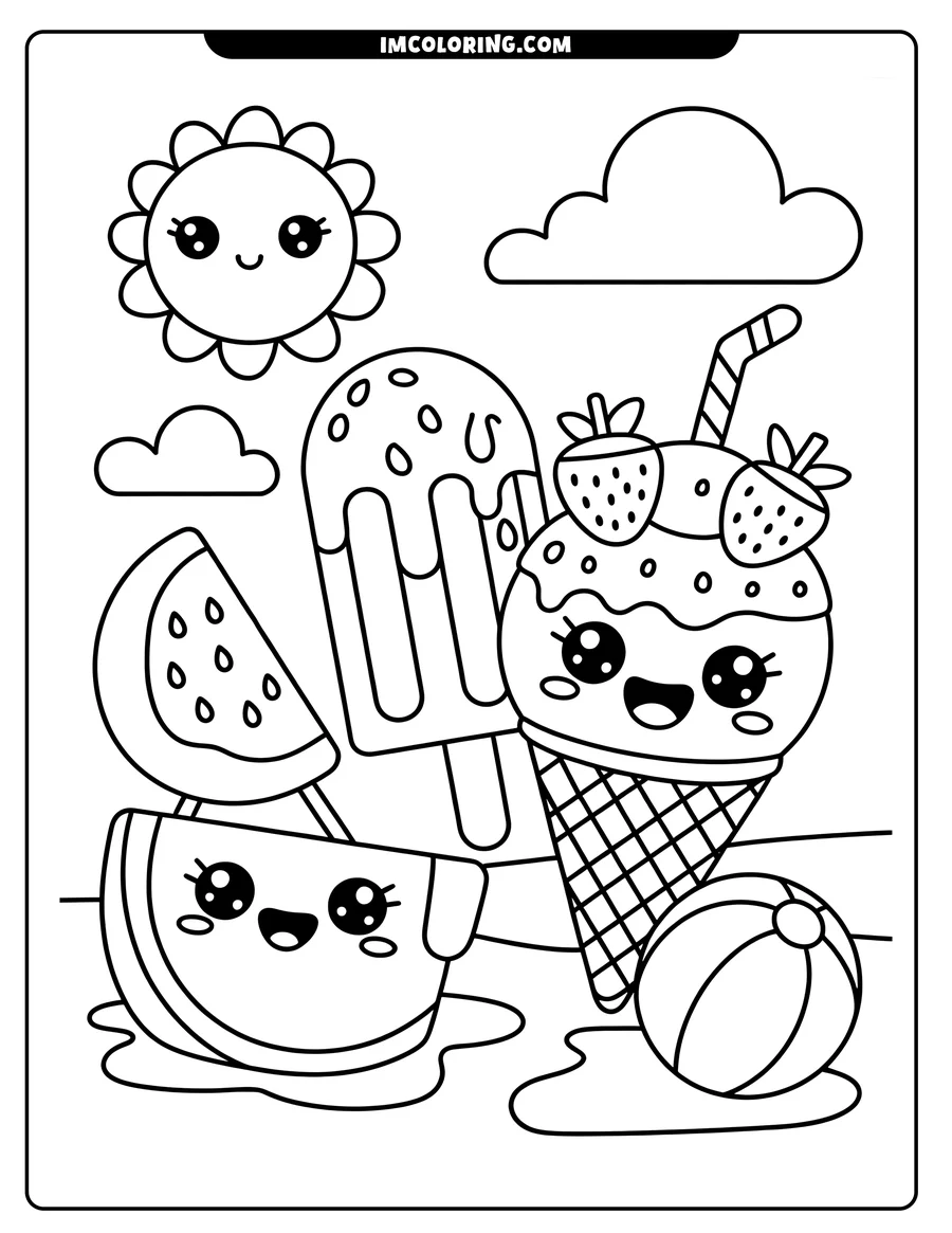 Line art of a cute watermelon slice, popsicle, and ice cream cone on a beach with a smiling sun, clouds, and a beach ball in the background.