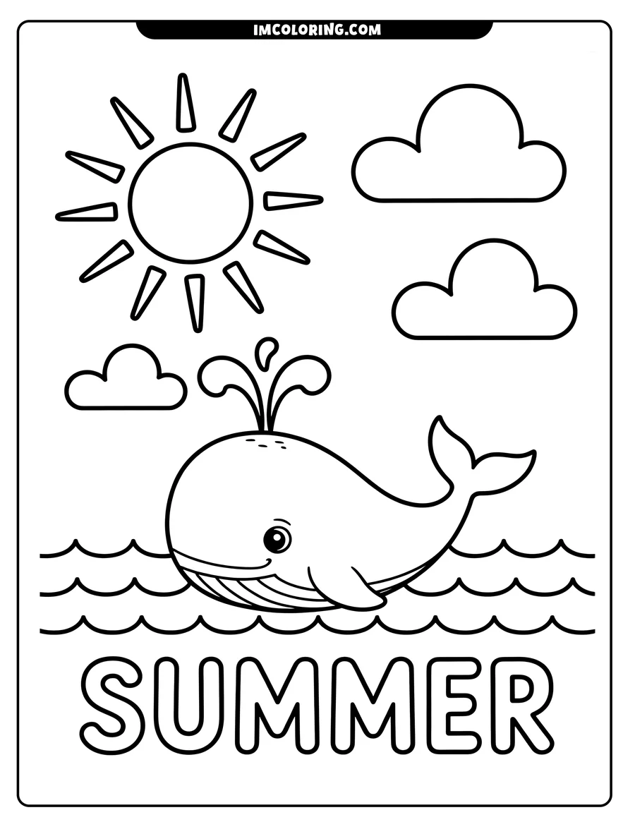 Outline of a whale spouting water, with a sun and clouds above and stylized waves below.