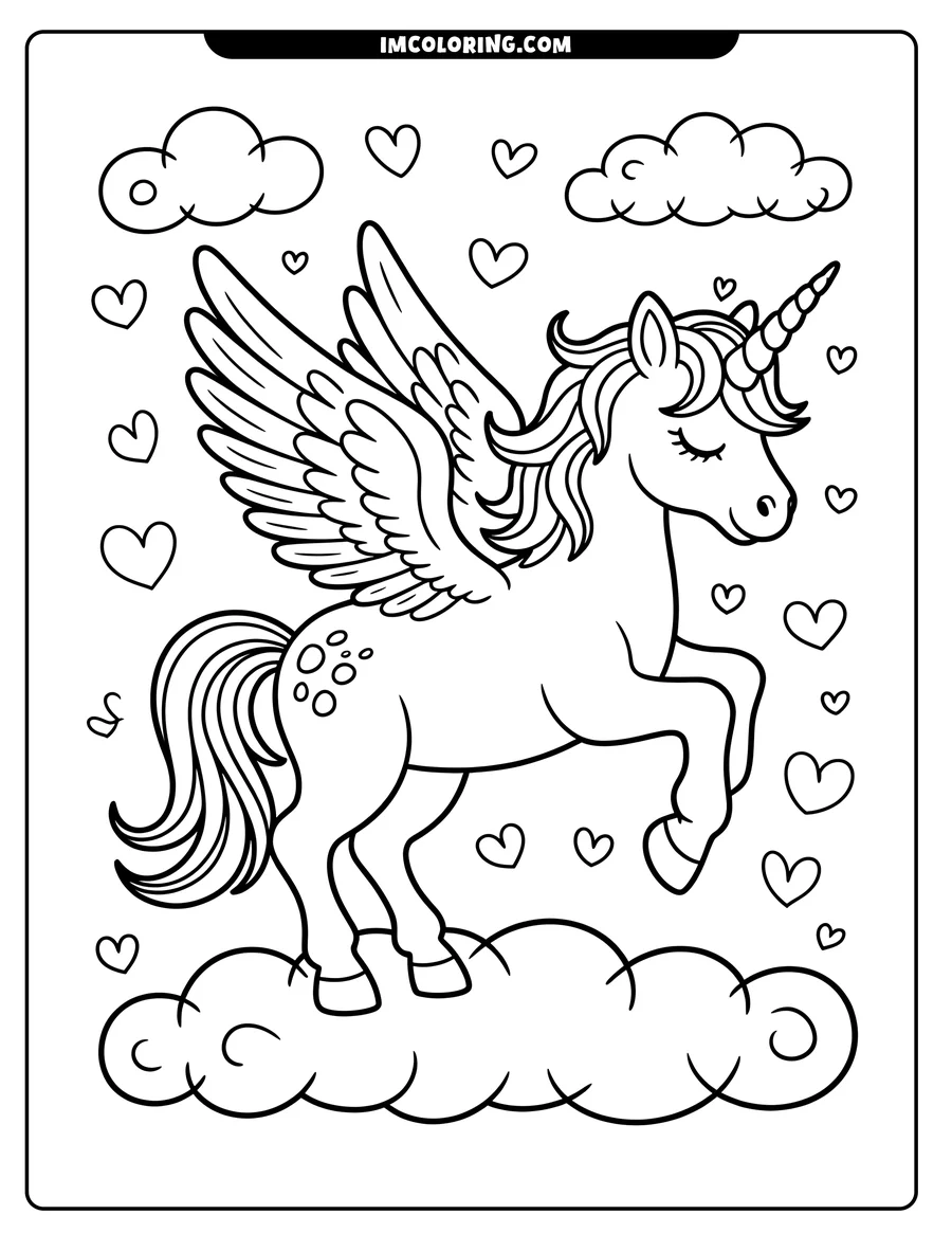 Line art of a winged unicorn with a flowing mane and tail, prancing among several hearts. The unicorn's eyes are closed, and it has a peaceful expression.