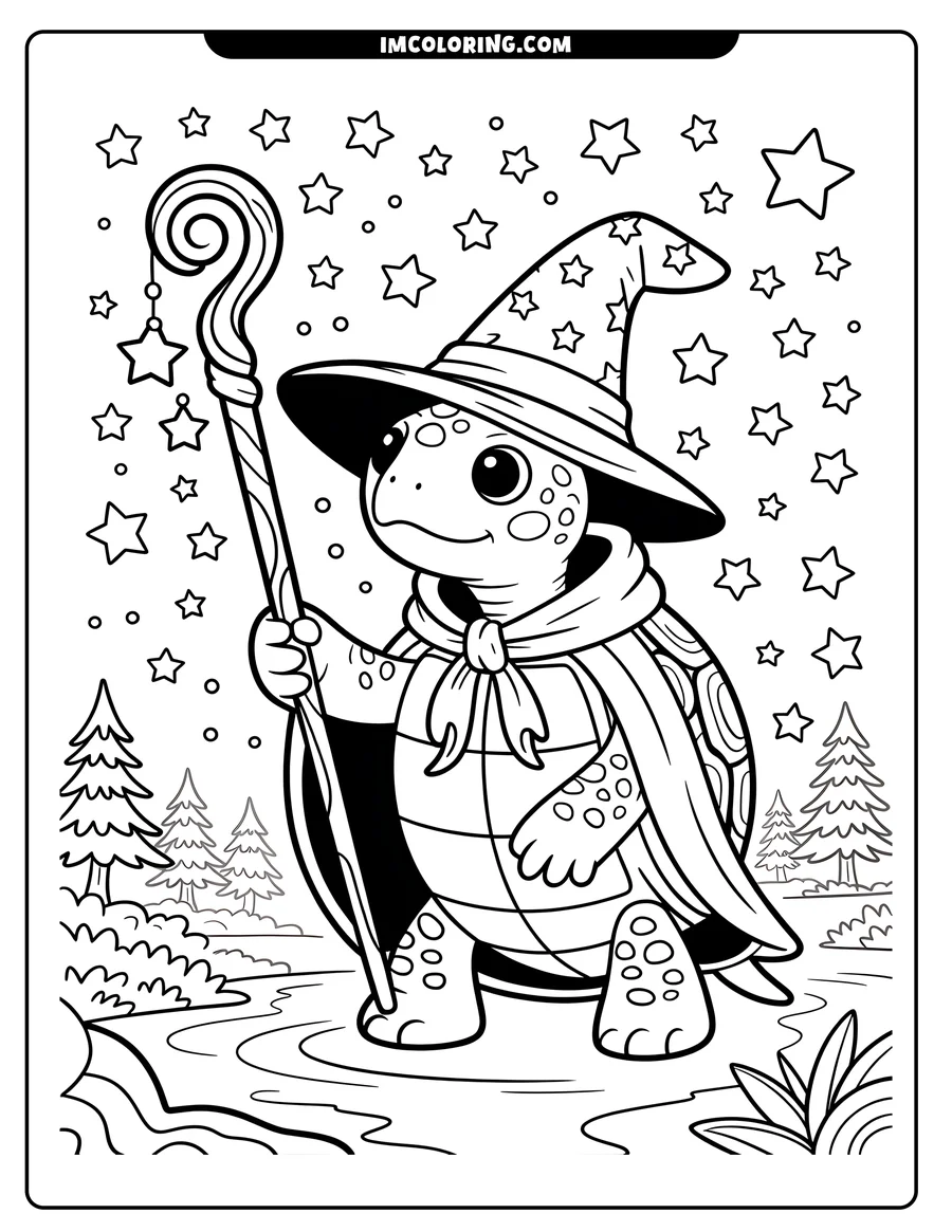 Outline of a friendly cartoon turtle dressed as a wizard with a star-covered hat and staff, standing near a pond under a starry night sky