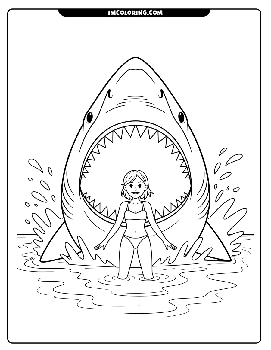 Line art of a woman standing in water with a large shark with its jaws open behind her. The woman is wearing a swimsuit and appears calm.